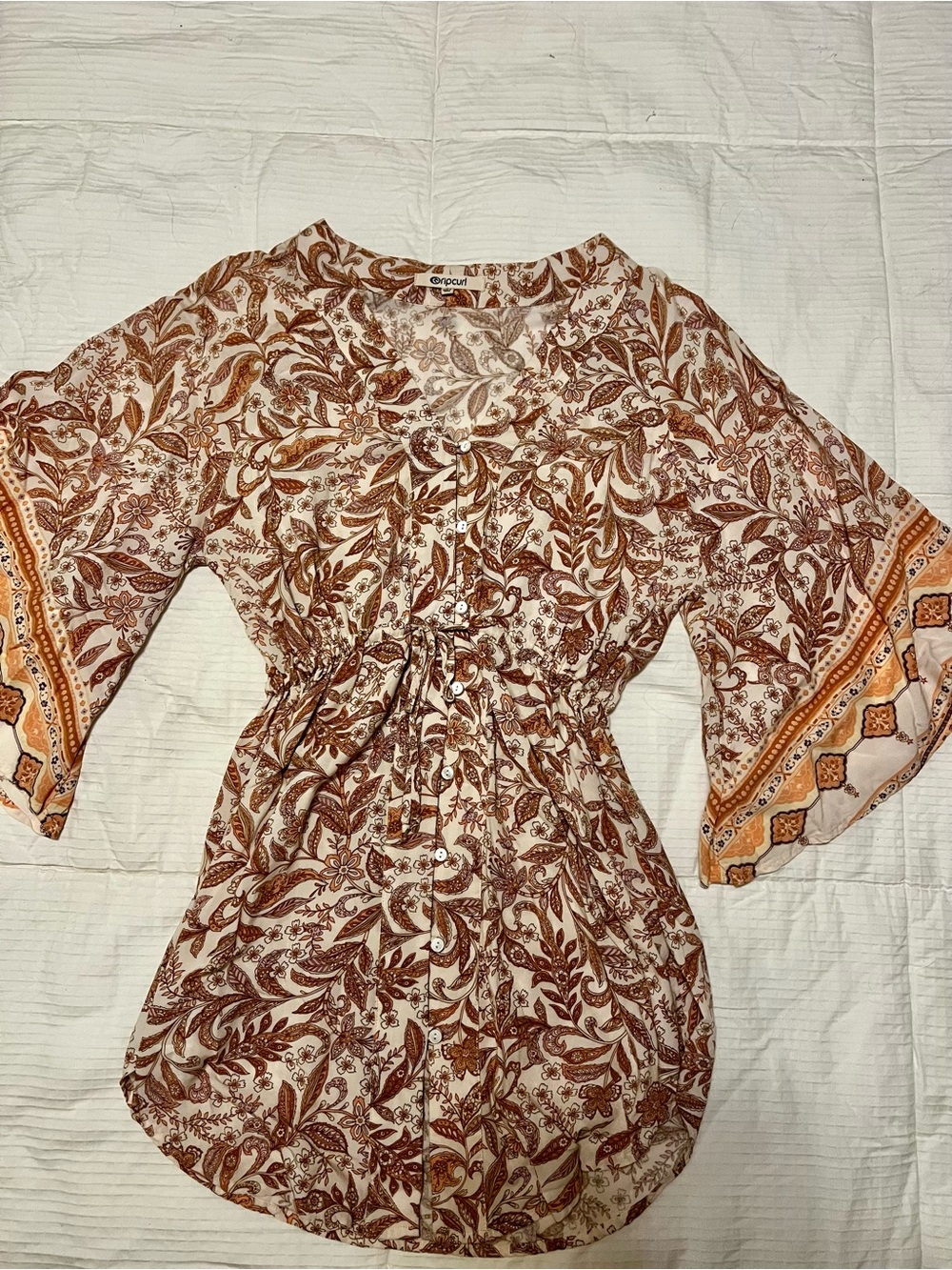 Rip Curl Lunar Tides Kimono Dress Cream & Brown Floral Button-Front Tunic